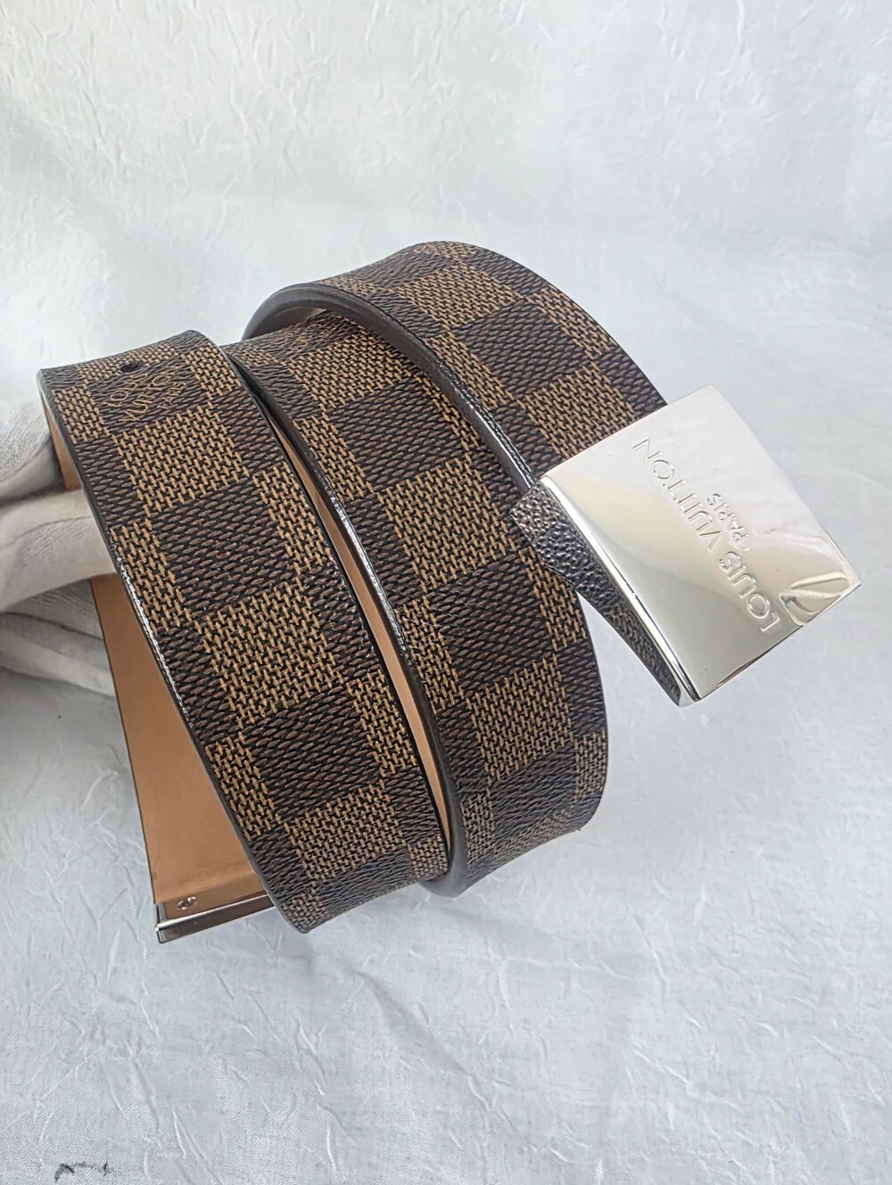 Auth Louis Vuitton Damier Canvas Reversible Belt with Silver Buckle